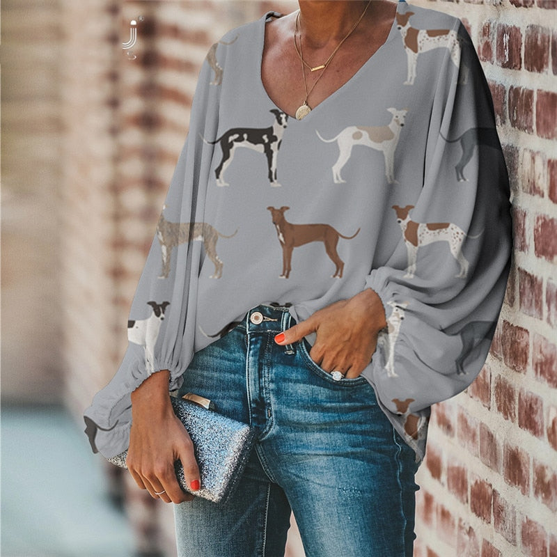 CUDDLY™ Ladies Lantern Sleeve Blouse with Greyhound prints (BLUE / GREY)