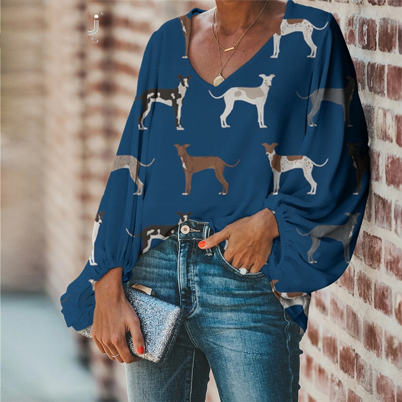 CUDDLY™ Ladies Lantern Sleeve Blouse with Greyhound prints (BLUE / GREY)