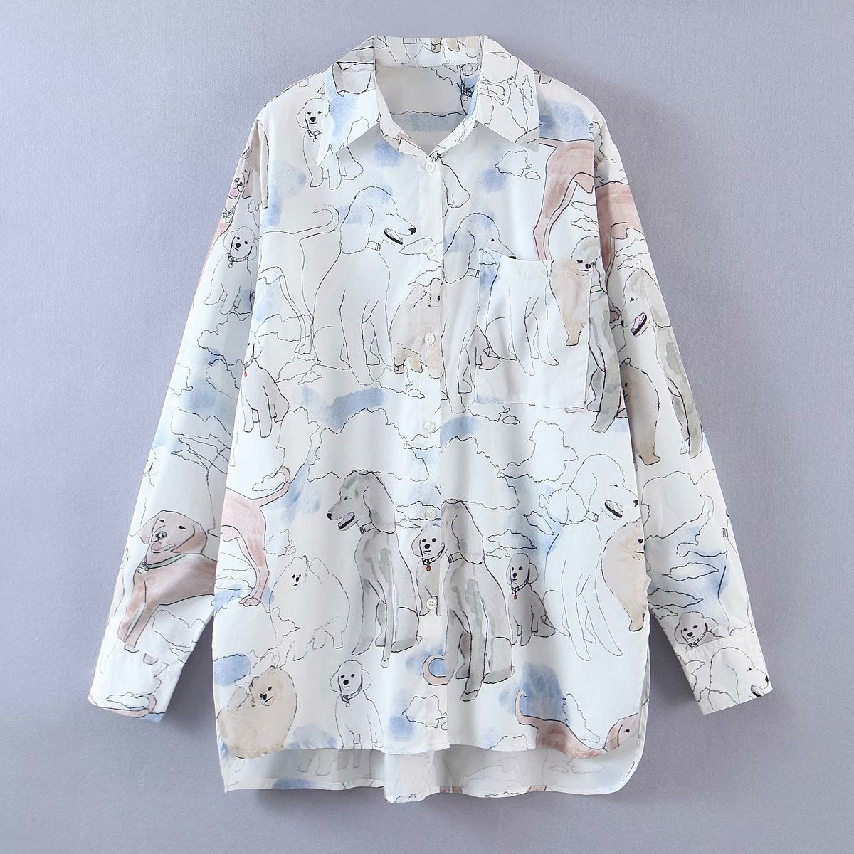 CUDDLY™ Ladies Collared Loose Blouse with Multi-Dog prints