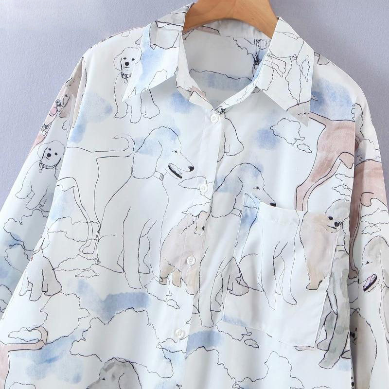 CUDDLY™ Ladies Collared Loose Blouse with Multi-Dog prints